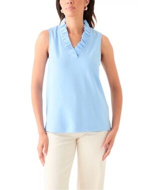 crown & ivy Light Blue Cotton Sleeveless Ruffle V-Neck Tank Top M